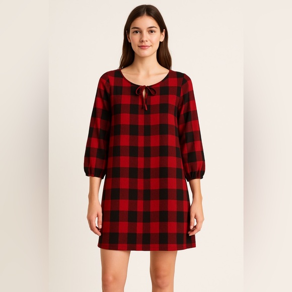Madewell Dresses & Skirts - Madewell Buffalo Plaid Tie-Neck Tunic Dress Red Black Wool Blend Small